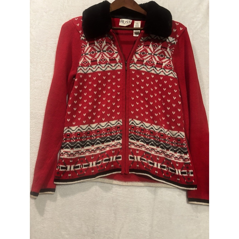 Russ Liz Claiborne Cardigan Women's Red S Detachable Black Faux Fur Collar Zip